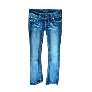 Amethyst Women’s 1 Bootcut Jeans Blue Distressed Faded Mid-Rise Stretch Denim